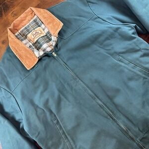 Pella Jacket Mens 2XL Green Canvas Bomber Corduroy Collar Plaid Lined 816H